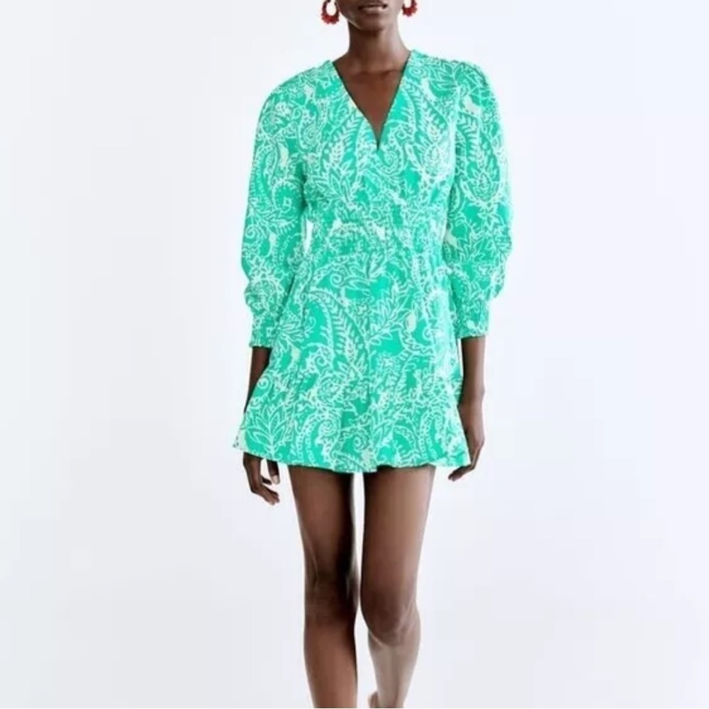 Zara Green & White PRINTED LINEN BLEND MINI Long Sleeve DRESS Size Small
